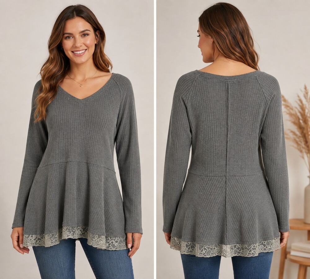 Merokeety Gray Thermal Waffle Knit Lace Hem Tunic Top Long Sleeve Large Boho
